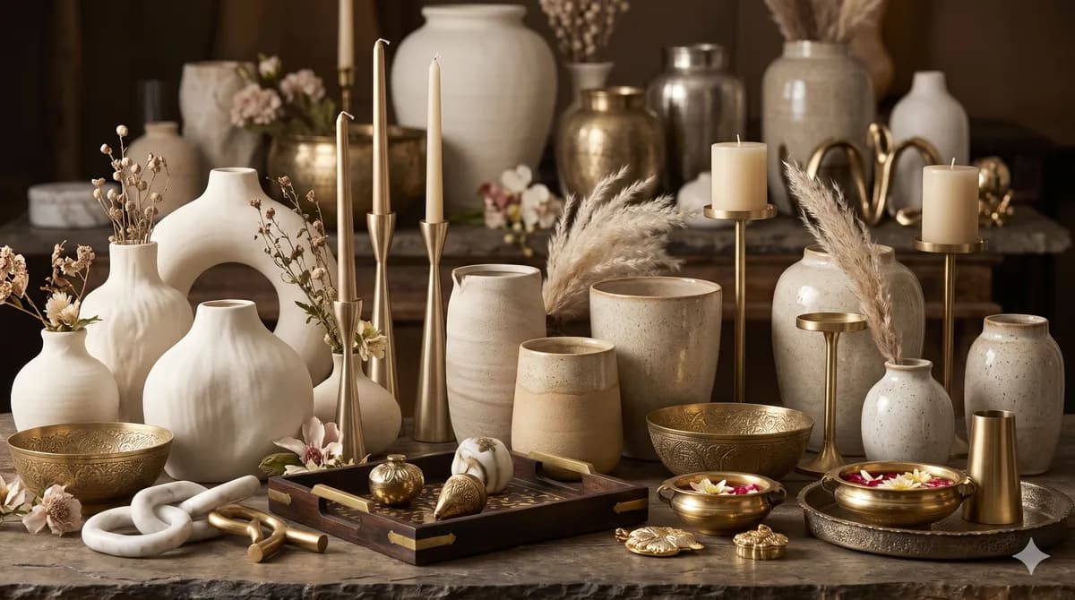 Cream ceramics, brass candlesticks, and dried botanicals on a stone surface